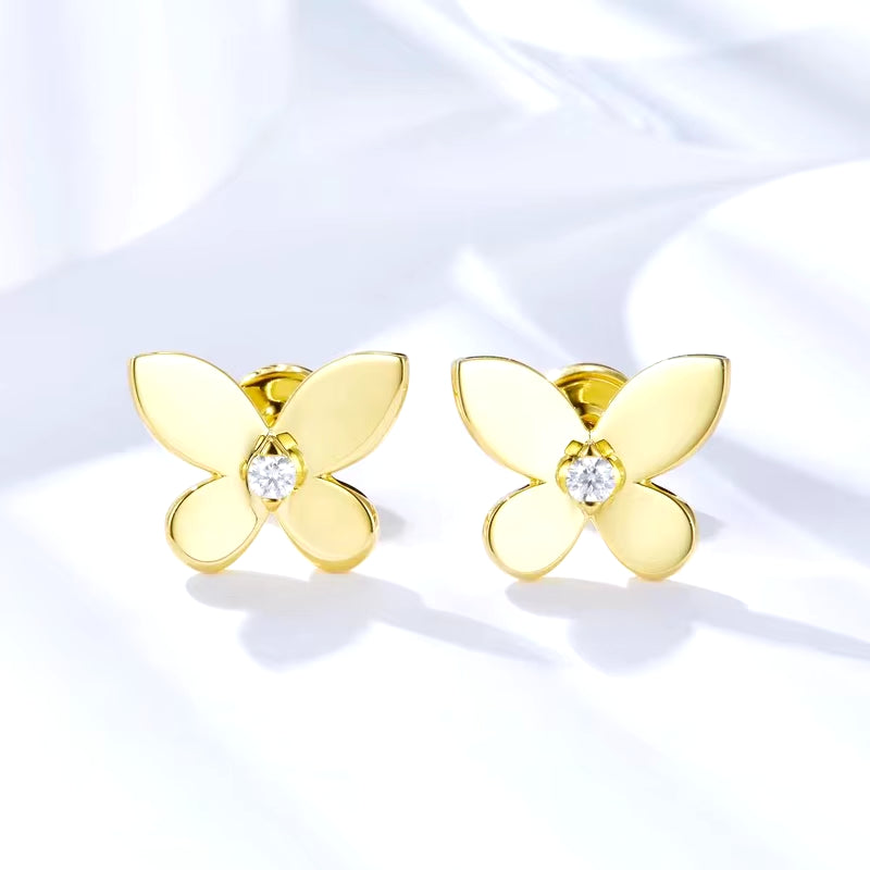 Yellow Gold Plated 925 Sterling Silver Moissanite Earrings for Women Butterfly Studs round Cut 2.4Mm D Color Trendy Jewelry