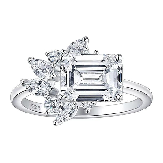 925 Sterling Silver East to West Ring Emerald Cut Solitaire Wedding Engagement Rings for Women 5A Cubic Zirconia Jewelry