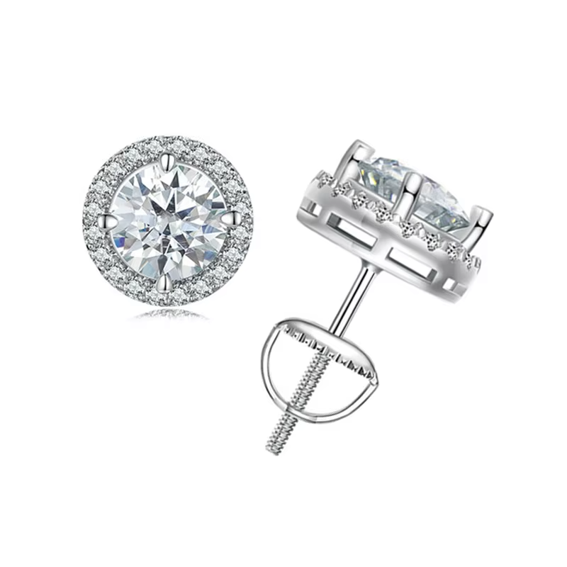 Moissanite Halo Earrings in 925 Sterling Silver, 0.5/1CT Round Cut, 4-Prong Design, Ideal for Engagement Gifts and Fine Jewelry for Women