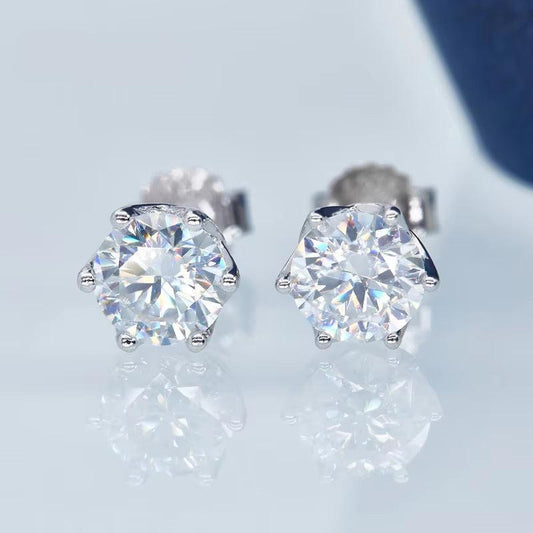 round Cut 2 Carats Moissanite Earrings for Women Solid 925 Sterling Silver Stud Earring Six Claws Classic Fine Jewelry Gift