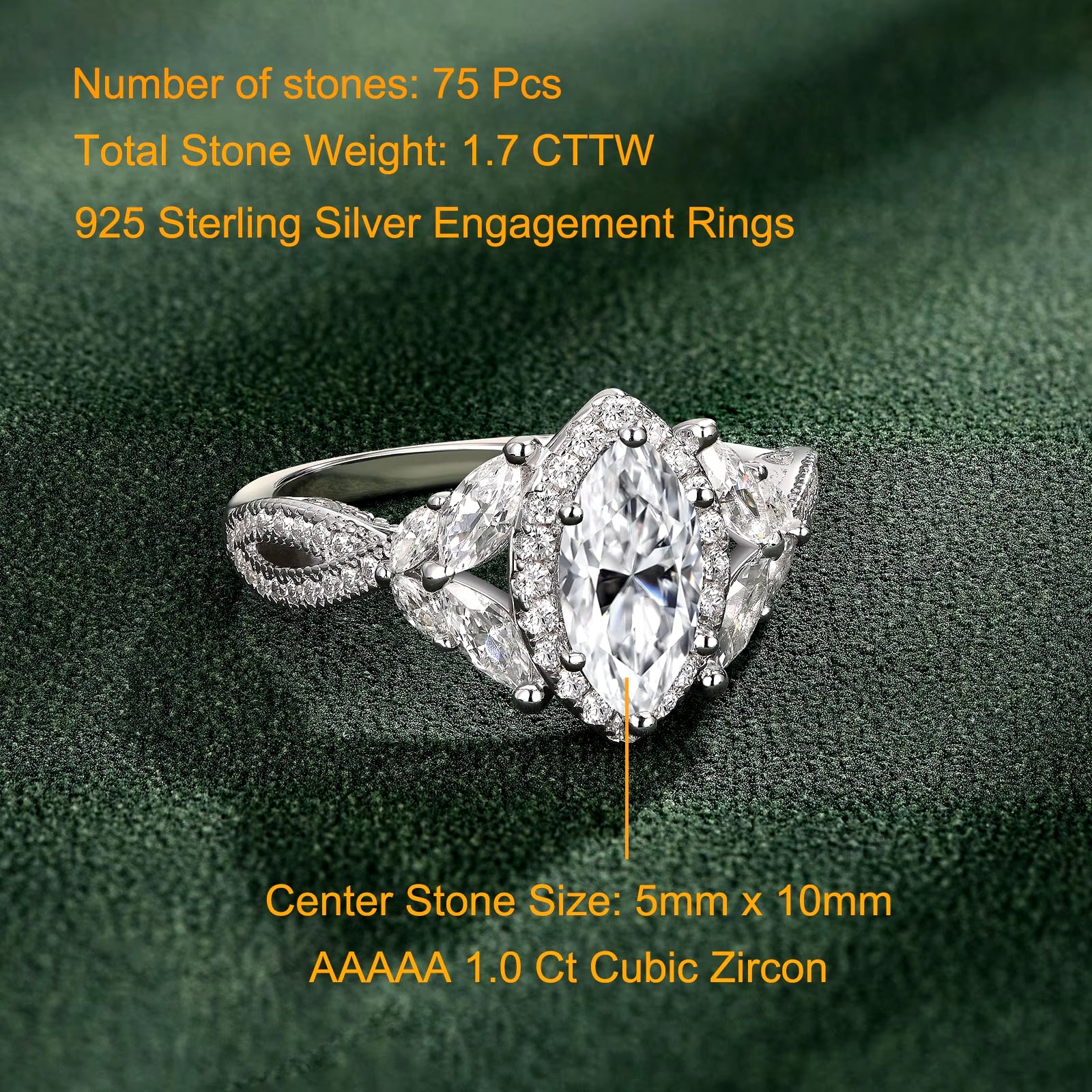 Glamorous 925 Silver Engagement Rings for Women Art Deco Halo Marquise Cubic Zircon Simulated Diamond Wedding Jewelry