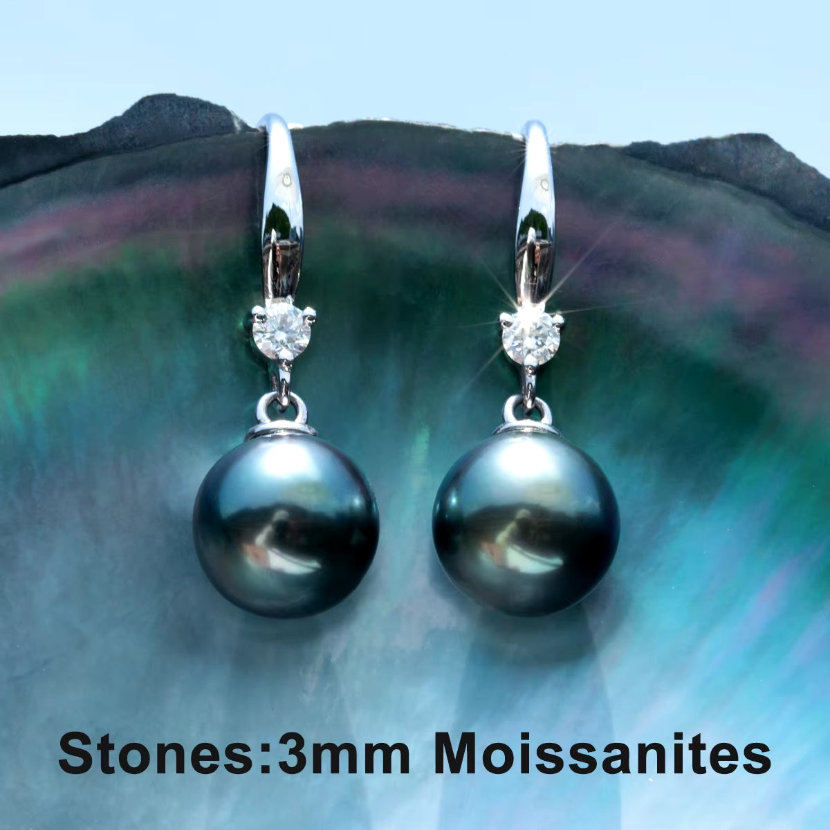 Anujewel 9-12Mm Tahitian Black Pearl Moissanite Diamond 925 Sterling Sliver High Luster Seawater Pearl Earrings Wholesale