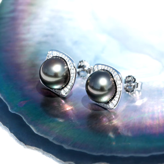 Anujewel 9-10Mm Natural Tahitian Pearl Stud Earrings with Cer S925 Sterling Silver High Luster Seawater Pearl Earrings for Woman