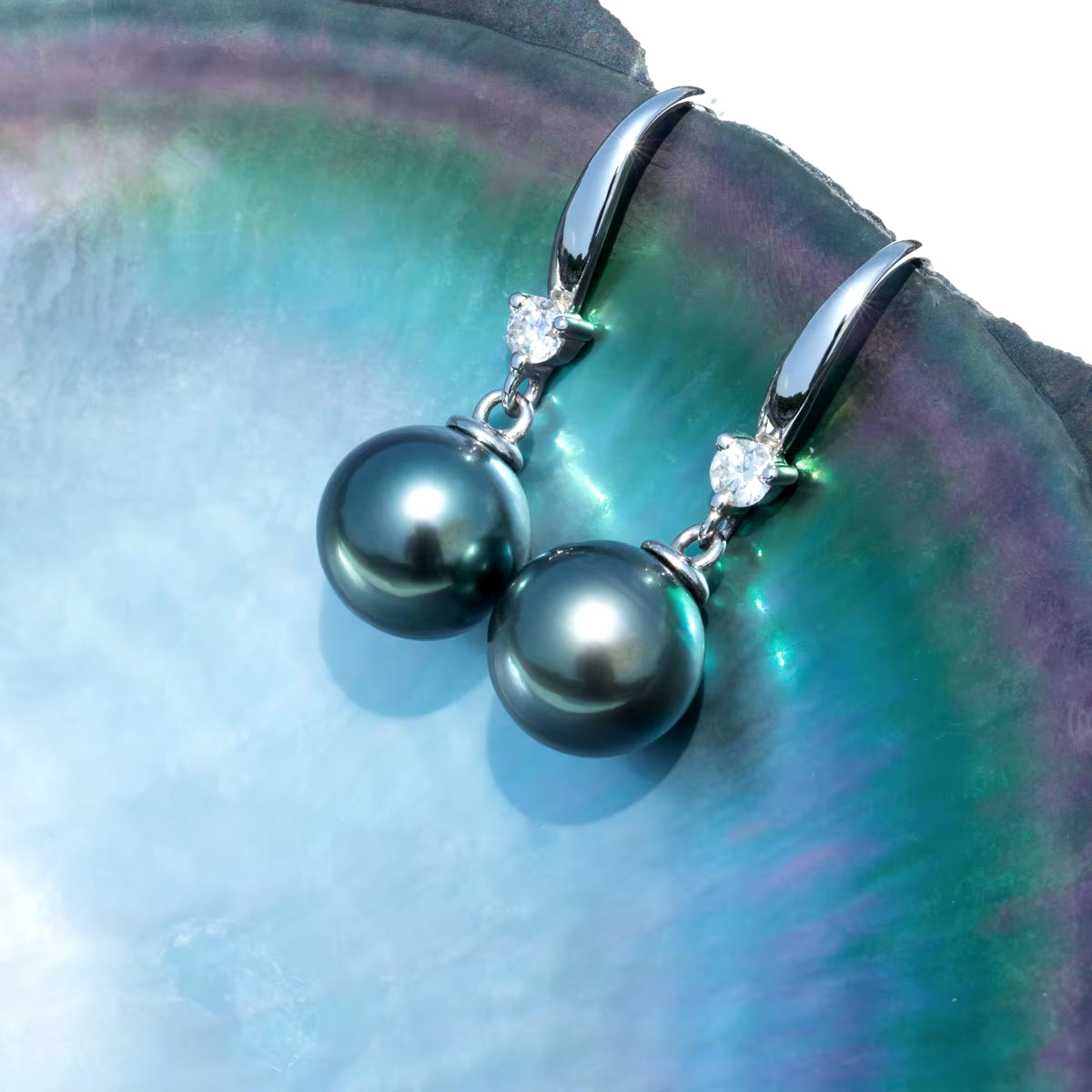 Anujewel 9-12Mm Tahitian Black Pearl Moissanite Diamond 925 Sterling Sliver High Luster Seawater Pearl Earrings Wholesale